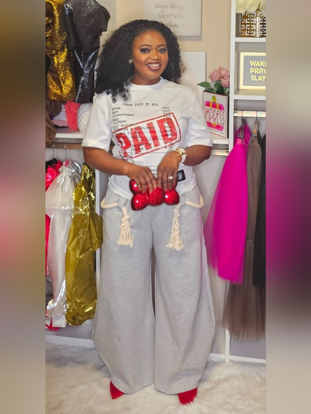 Jesus Paid It All White Graphic Tee with Bold Red 'STAMPED' Print